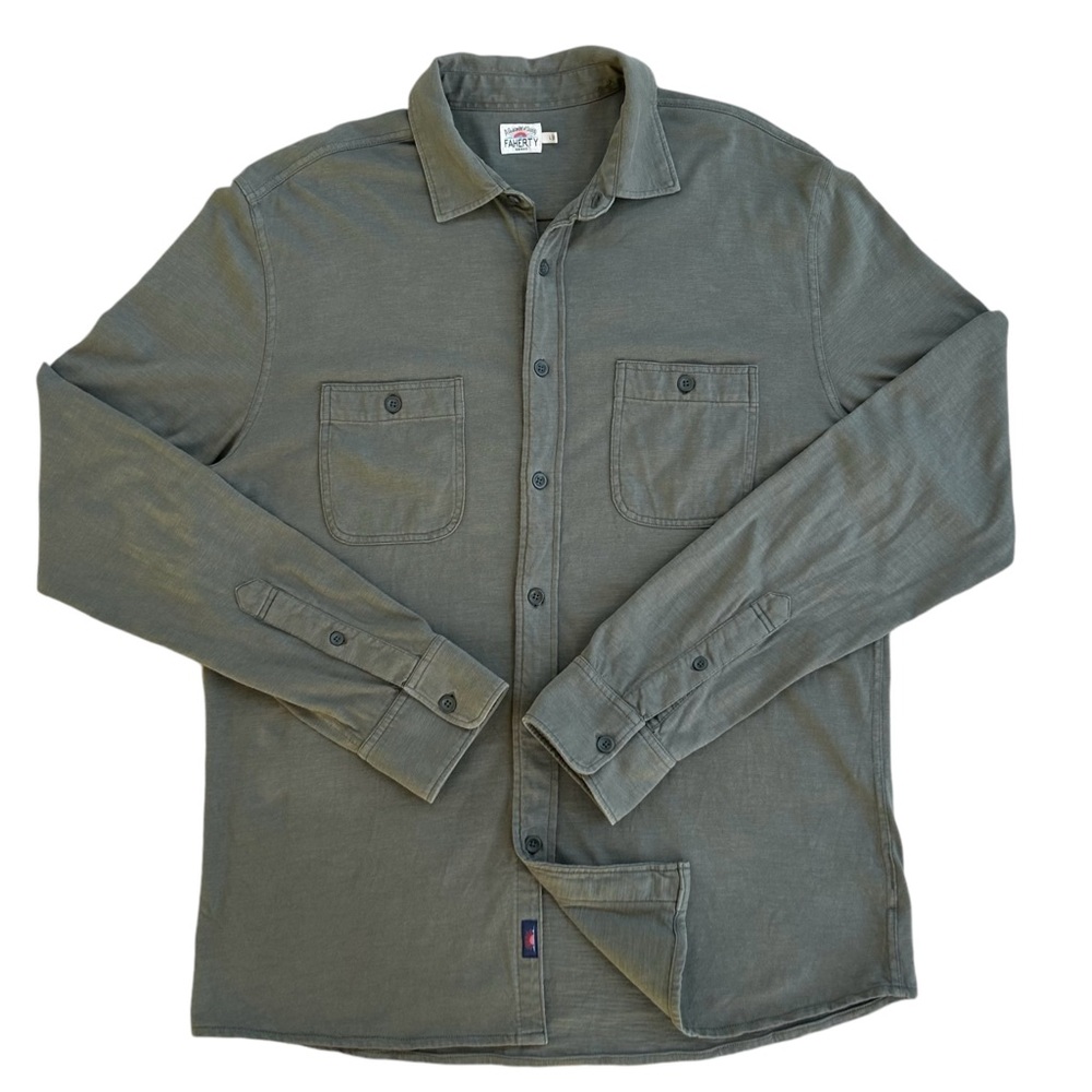 Faherty Mens Button Up Knit Shirt LARGE Sage Green Alpine Organic Cotton MKC0086